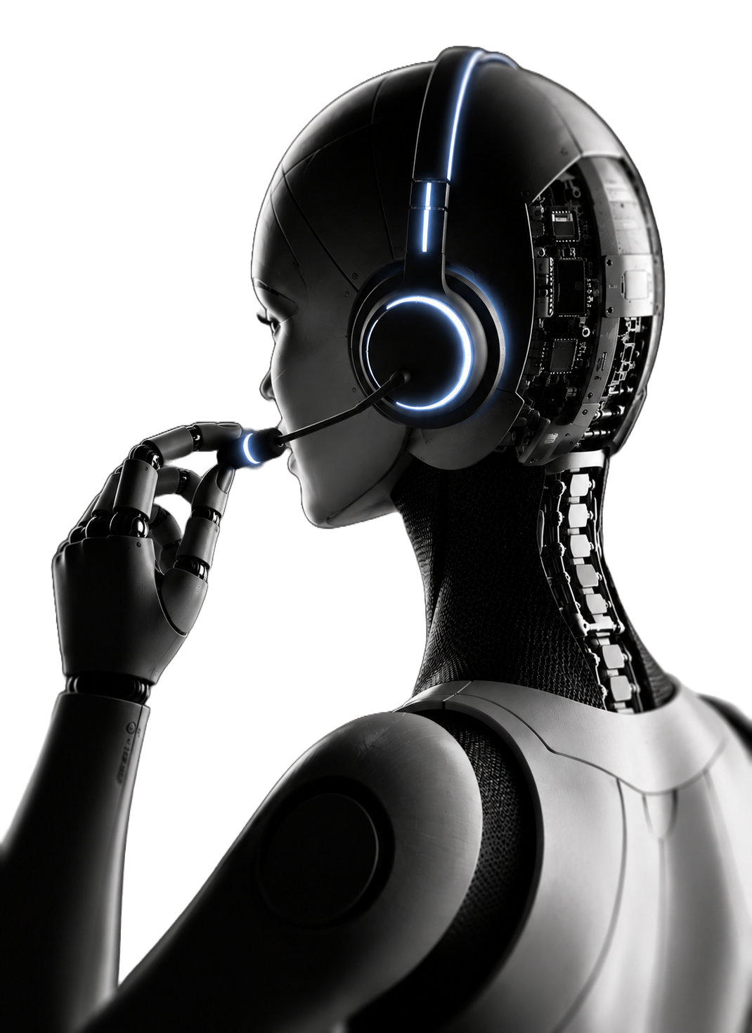 A humanoid AI agent wearing a headset, mid-conversation